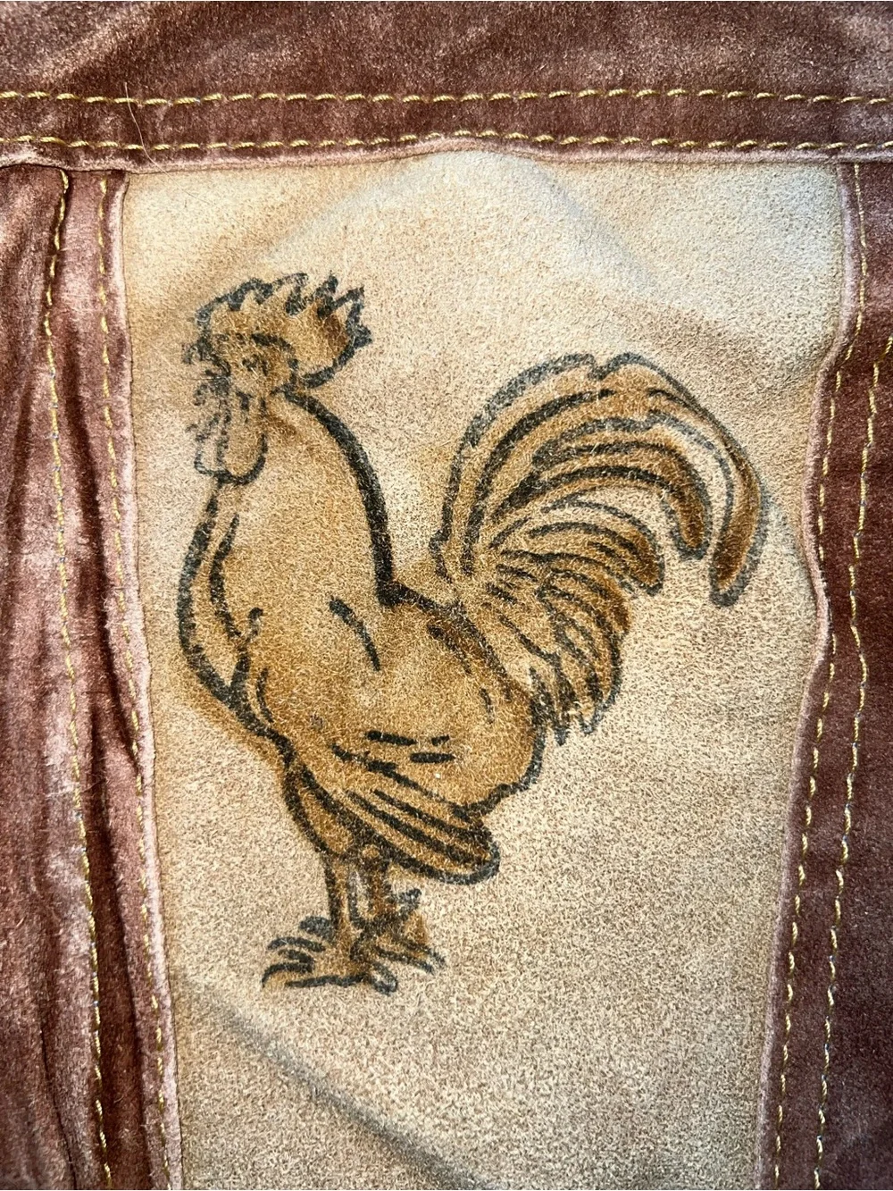Vintage Handmade Kids Western Leather/Sherpa Vest Size 4 Horse & Rooster Design